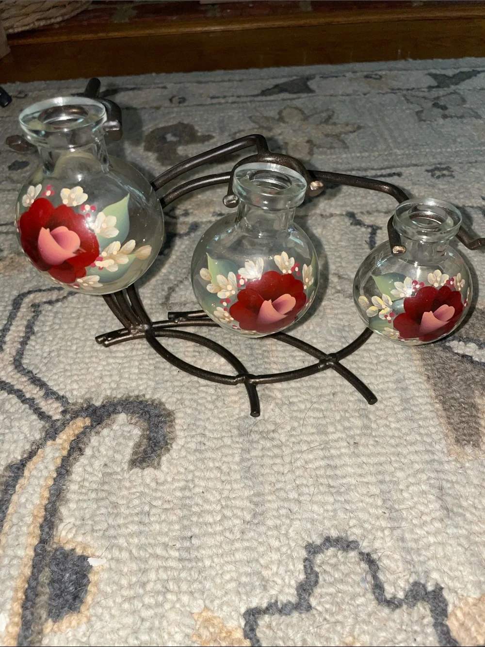 Hand-Painted Floral Glass Vases with Metal Stand - Red Bud Vase Cottage Core